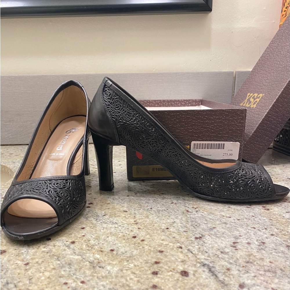 XSA Black Stiletto Peep-Toe Heels